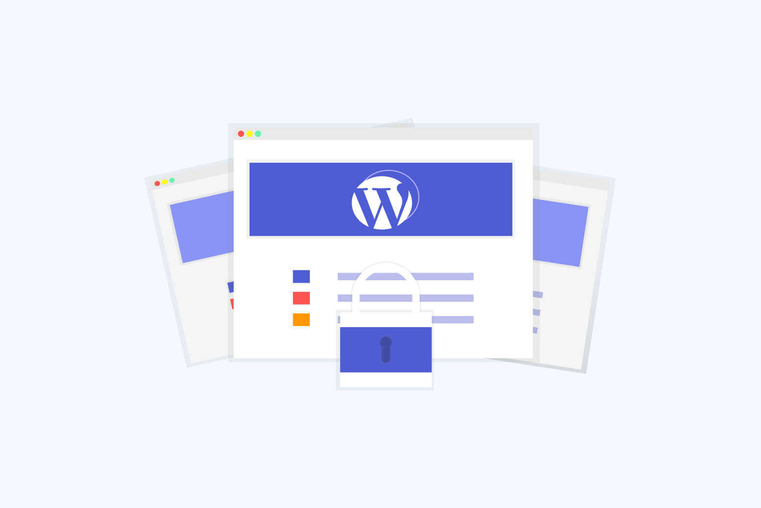 Drei Browserfenster mit WordPress-Logo und Vorhängeschloss, symbolisieren WordPress-Sicherheit und Schutz der Webseite.