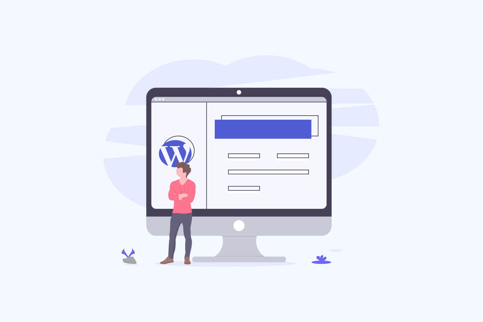 Person vor großem Monitor mit WordPress-Login, blauem Logo, Eingabefeldern und sichtbarem Site Kit-Element.