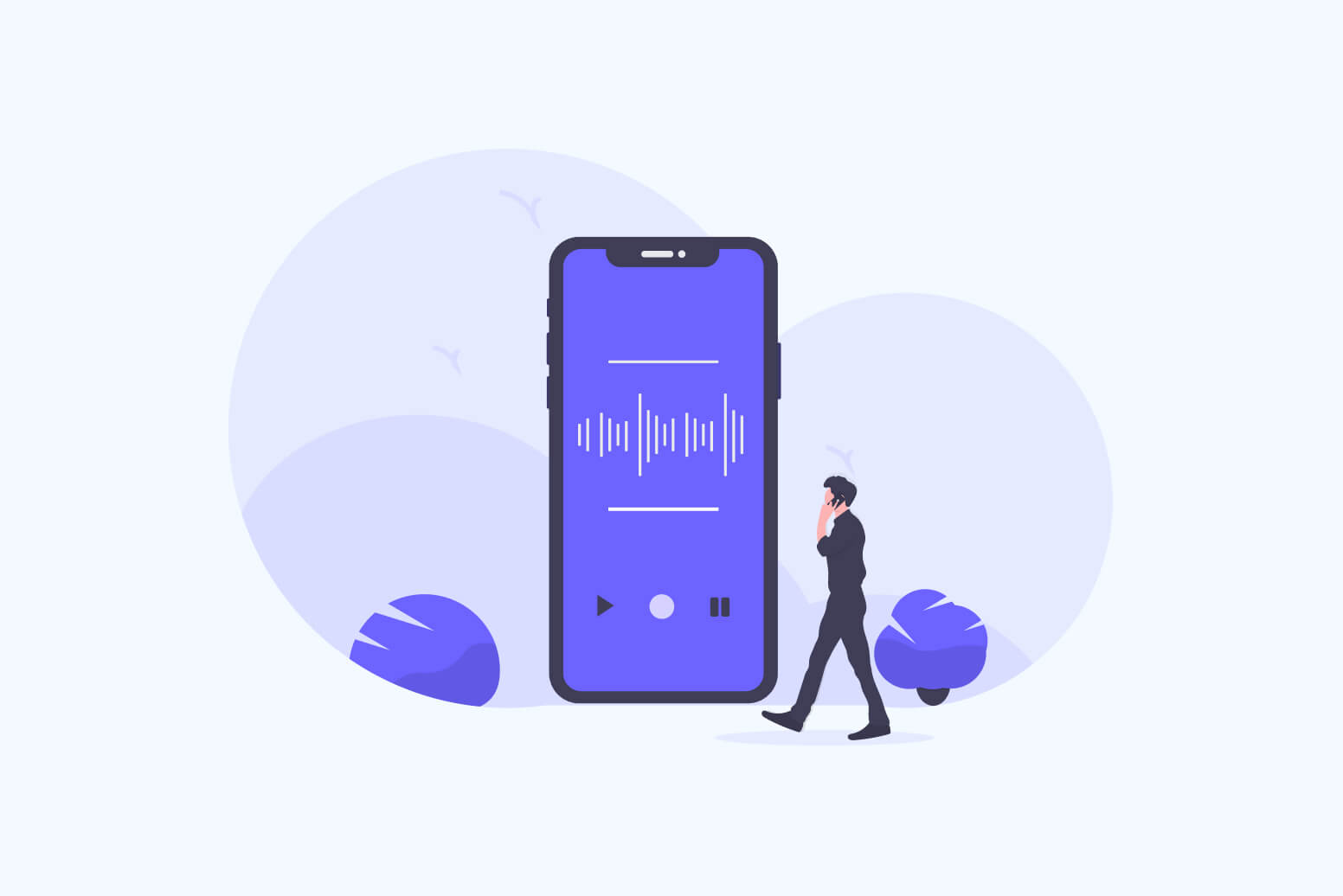 Person geht telefonierend, großer Smartphone-Bildschirm mit Google Call Tracking-Wellenform und Wiedergabesteuerung im abstrakten blauen Hintergrund.