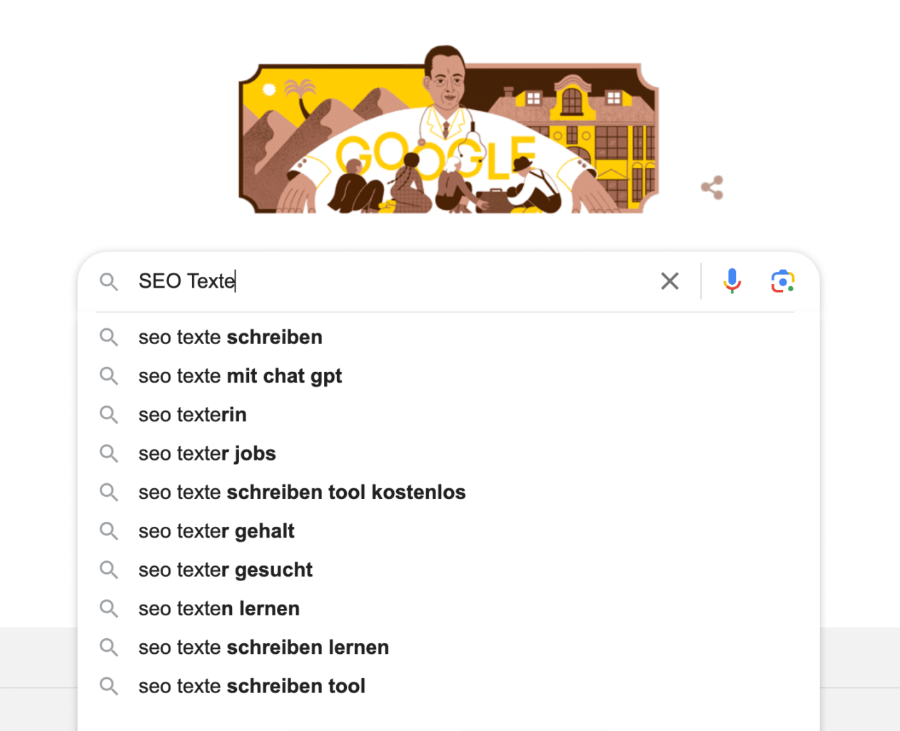 Google-Suchergebnisse zu „SEO Texte“ mit deutschen Autovervollständigungen und Doodle eines Mannes vor Bergen und Gebäuden.