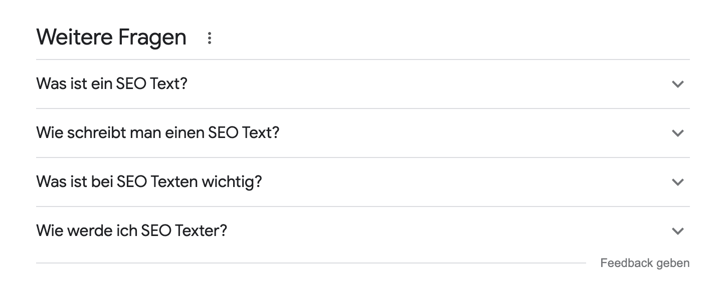 Vier häufige Fragen zum Schreiben von SEO-Texten auf Deutsch mit Dropdown-Pfeilen, darunter „Was ist ein SEO Text?“.