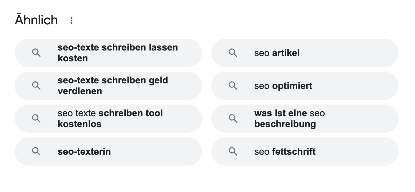 Screenshot mit deutschen SEO-Suchvorschlägen wie „SEO Texte schreiben“, „SEO Artikel“ und „Was ist eine SEO Beschreibung?“.