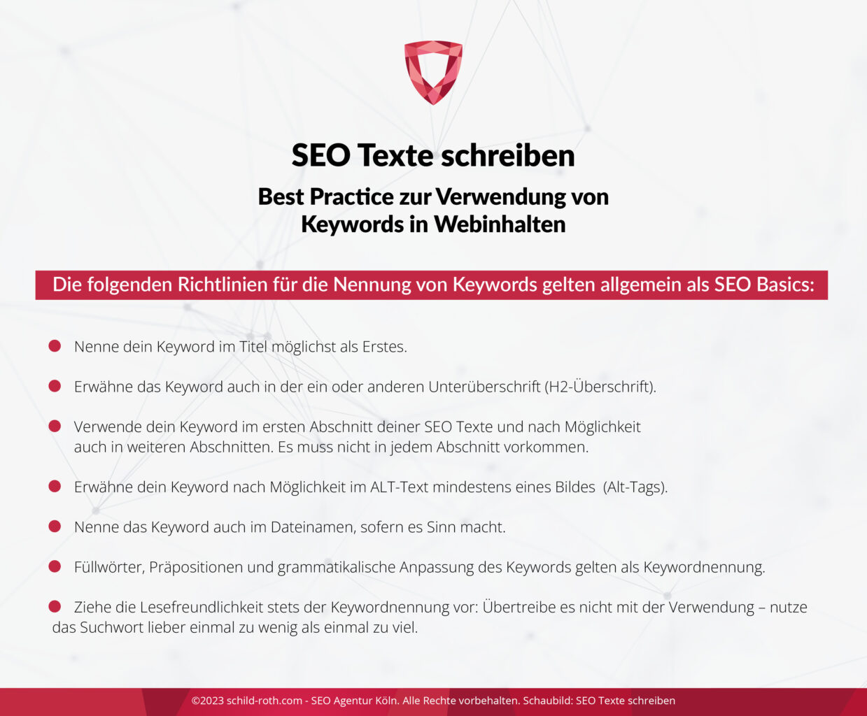Infografik mit sieben Tipps für SEO-Texte: Keywords richtig einsetzen und Keyword-Stuffing vermeiden. Titel: Leitfaden SEO-Texte.