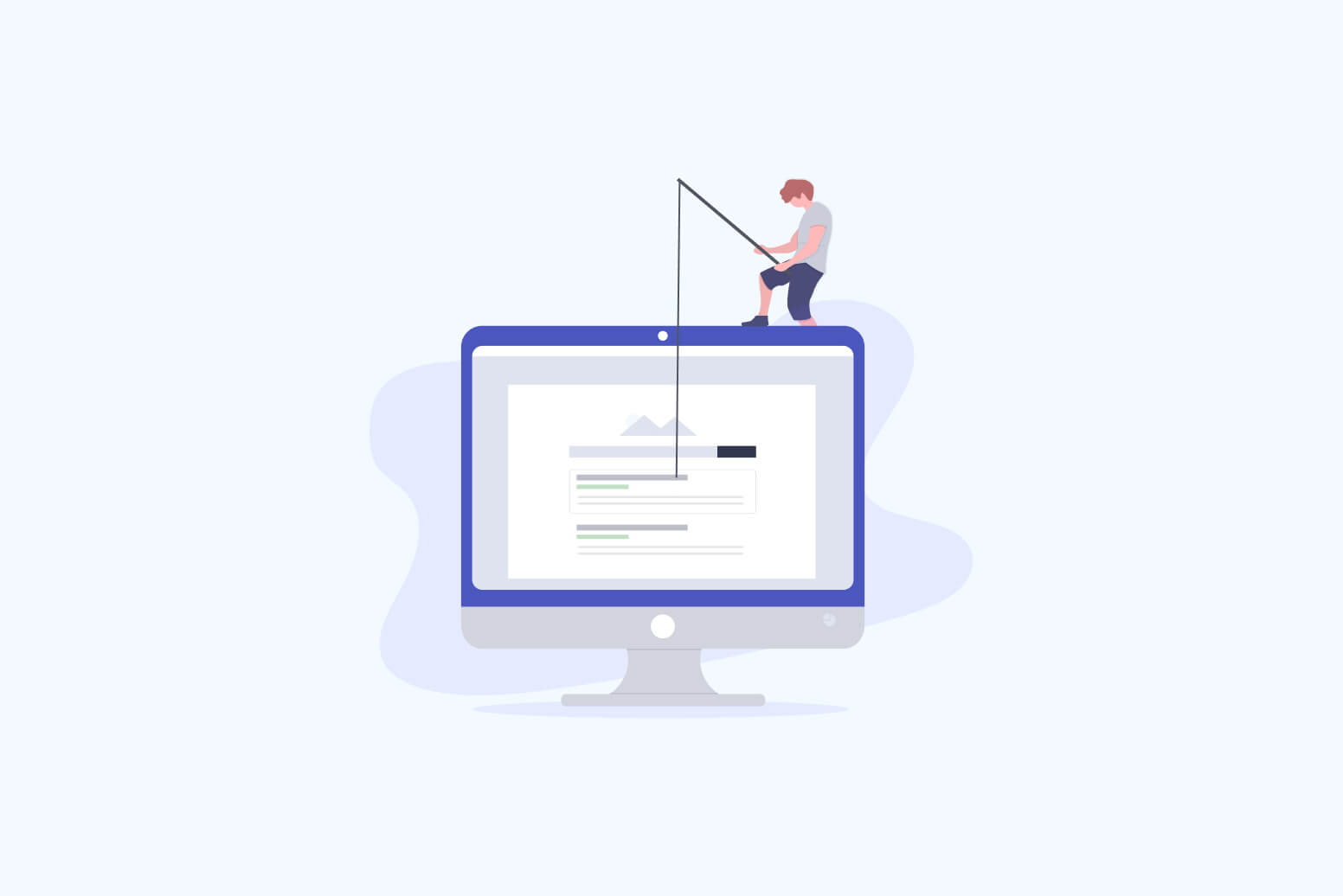 Person angelt mit Rute in Computerbildschirm, Symbol für Online-Betrug oder Featured Snippet Bait, generische Webseite sichtbar.