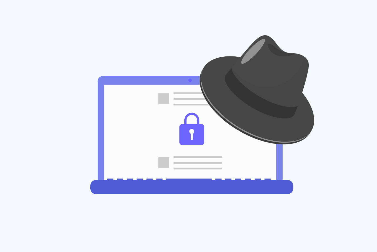 Laptop mit Vorhängeschloss-Symbol auf dem Bildschirm und schwarzer Fedora-Hut darauf – Symbol für Hacking und Cybersicherheit.