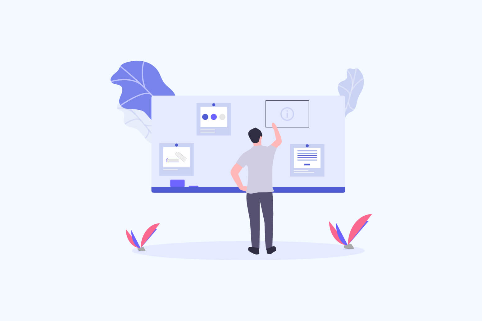 Person steht vor großem Bildschirm mit Diagrammen und Infos, ideal zur Veranschaulichung von „Wie kann ich SEO lernen?“.