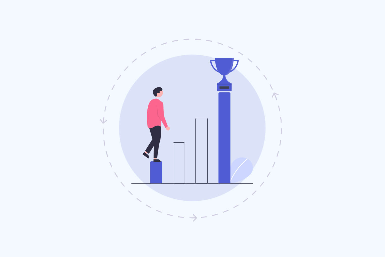 Person erklimmt Balkendiagramm zum Pokal, symbolisiert Erfolg im SEO-Kreislauf, umgeben von Kreis mit Pfeilen.