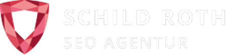 Rotes geometrisches Schildlogo links, „Schild Roth SEO Agentur“ in weißer Schrift auf transparentem Hintergrund.
