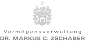 Graues Wappen über „VERMÖGENSVERWALTUNG DR. MARKUS C. ZSCHABER“ in Großbuchstaben, professioneller Logo-Stil, geeignet für Finanzunternehmen.