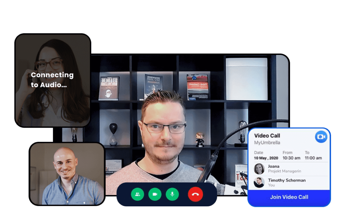 Man vor Regal bei Videocall für SEO Agentur Köln, drei Teilnehmer sichtbar, Verbindungs- und Anrufdetails rechts.