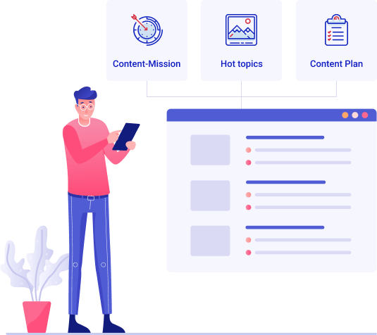 Person mit Tablet steht neben Bildschirm mit Content-Plan (Content-Mission, Hot Topics, SEO Case Study, Content Plan), Pflanze daneben.