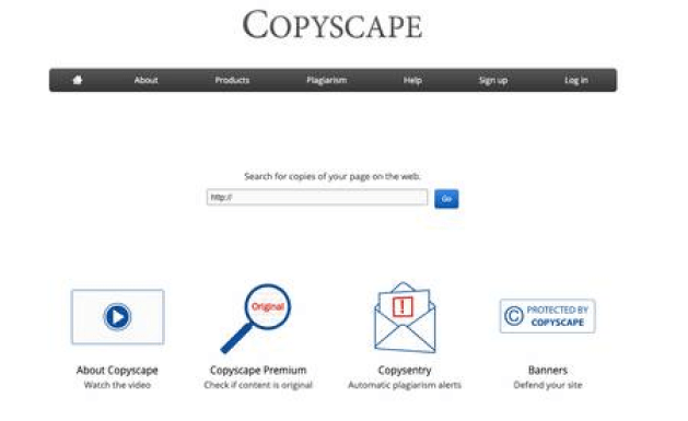 Screenshot der Copyscape-Startseite mit Suchleiste, Navigationsmenü und Symbolen zu Premium-, Copysentry- und Info-Bereichen.