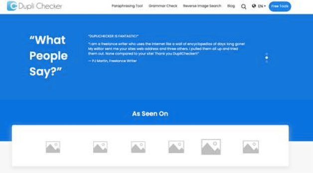 Screenshot der DupliChecker-Website mit Nutzerbewertung zu Duplicate-Content und Icons bekannter Medien in der „As Seen On“-Sektion.