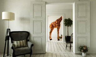 Minimalistisches Wohnzimmer; durch Doppeltüren erscheint die hintere Hälfte einer Giraffe im Nebenraum mit einem Topfbaum.