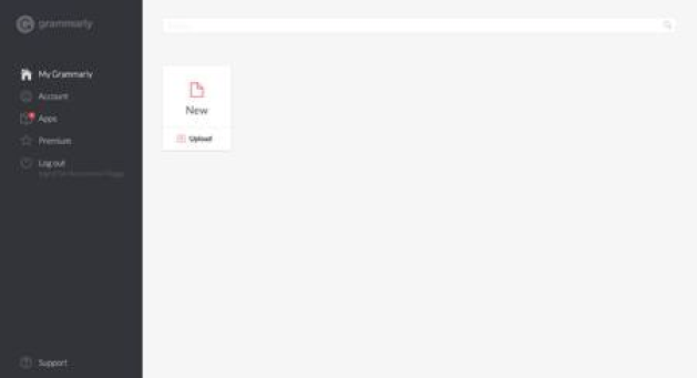 Screenshot des Grammarly-Dashboards mit Seitenleiste (Account, Apps, Premium) und Hauptbereich mit „New Upload“-Button zum Dokumenten-Upload.