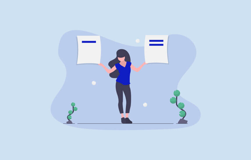 Illustration: Frau hält zwei Papiere mit Linien – symbolisiert Analyse einer SEO Agentur. Ruhige Szene mit Pflanzen im Hintergrund.