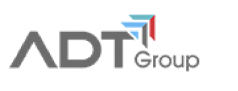 Logo der ADT Group: grauer Text mit blauen und roten geometrischen Pfeilformen darüber, die Steuerberater SEO symbolisieren, auf weißem Hintergrund.