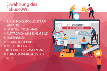 Menschen arbeiten vor riesigem Bildschirm mit deutschen SEO-Tipps und Checkliste auf rotem Hintergrund (Keywords, Meta-Titel, Alt-Tags).