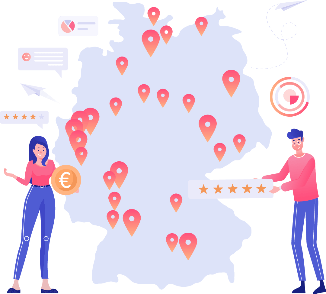 Zwei Personen vor einer angepinnten Deutschlandkarte: Die eine hält eine Euromünze für SEO-Kosten, die andere zeigt Sternebewertungen an.