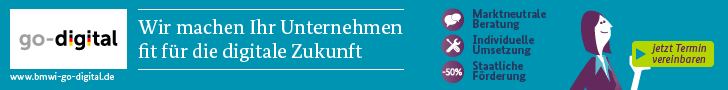 Banner: „Wir machen Ihr Unternehmen fit für die digitale Zukunft.“ Icons für Beratung, Digitalisierung, Förderung. Person mit „Termin vereinbaren“-Schild.