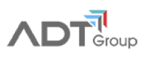 ADT Group-Logo: Großes graues „ADT“, kleineres „Group“, abstrakter blauer, grauer, roter Pfeil darüber – modernes Design für die Website eines Steuerberaters.