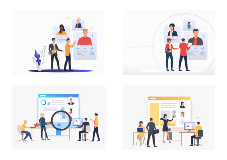 Menschen in Geschäftstreffen und Vorstellungsgesprächen auf Bildschirmen, die Marketingkarrieren, Zusammenarbeit am Arbeitsplatz und Personalbeschaffung veranschaulichen.