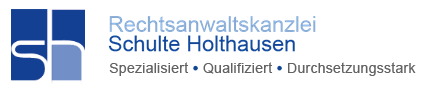 Blau-weißes sh-Logo neben „Rechtsanwaltskanzlei Schulte Holthausen“, darunter „Spezialisiert • Qualifiziert • Durchsetzungsstark“.