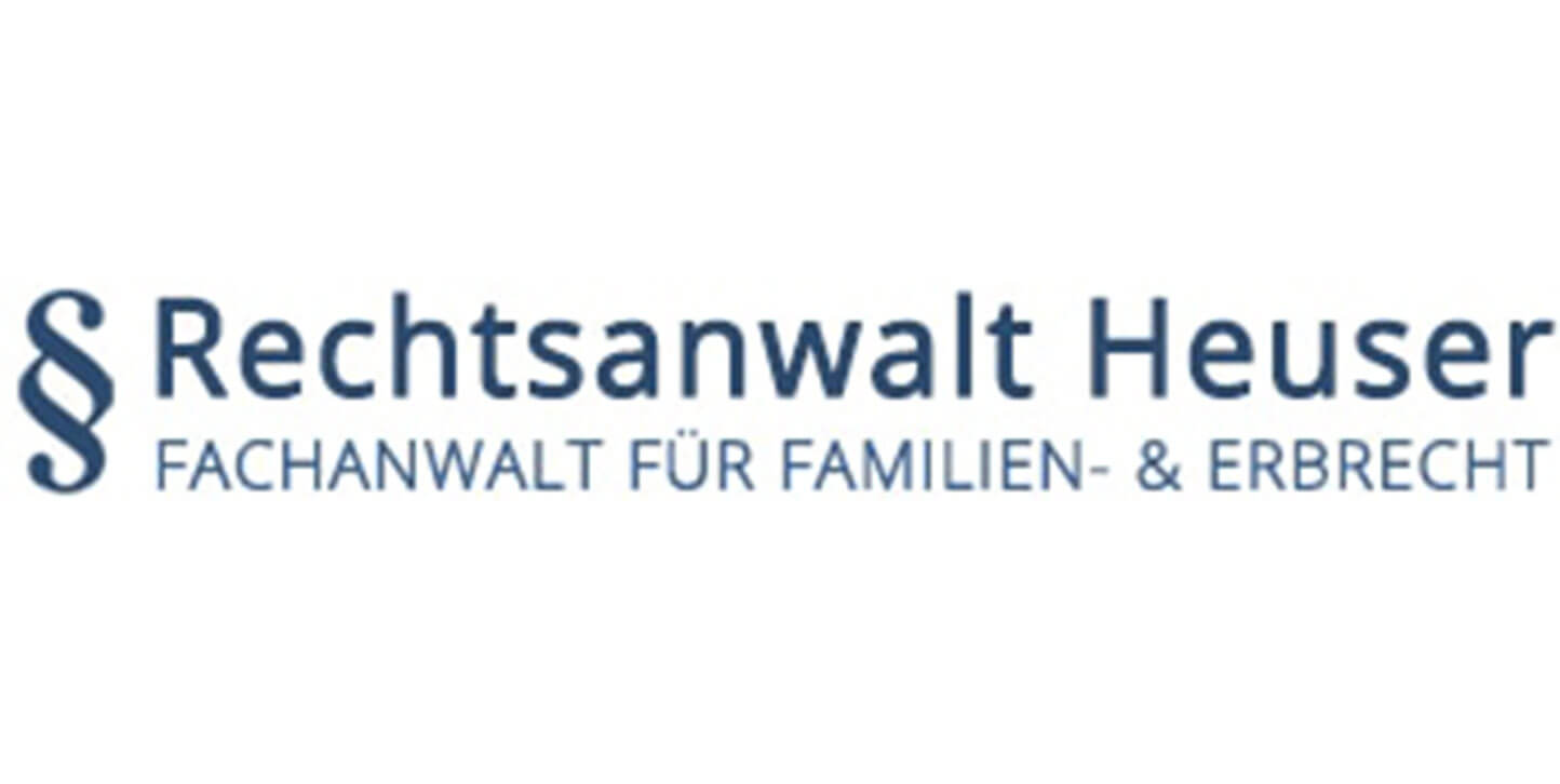 Logo für Rechtsanwalt Heuser mit Paragraphenzeichen und Text „Fachanwalt für Familien- & Erbrecht“ in Blau.
