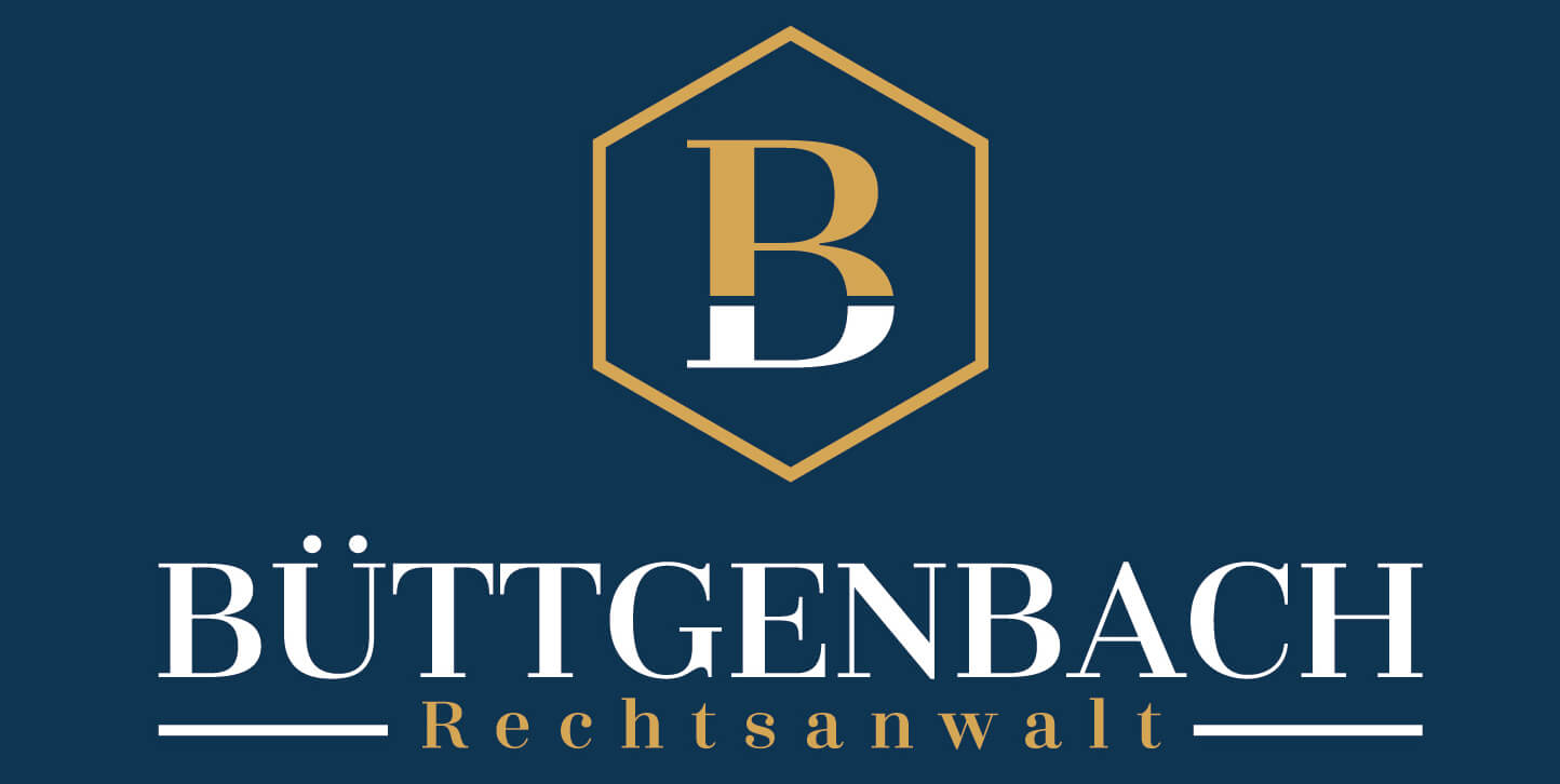 Goldenes Hexagon mit stilisiertem B über „Büttgenbach Rechtsanwalt“ in Weiß und Gold auf dunkelblauem Hintergrund.