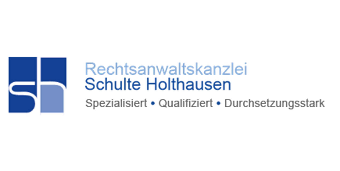 Logo der Kanzlei Schulte Holthausen: blaue „sh“-Initialen, darunter Slogan „Spezialisiert • Qualifiziert • Durchsetzungsstark“.