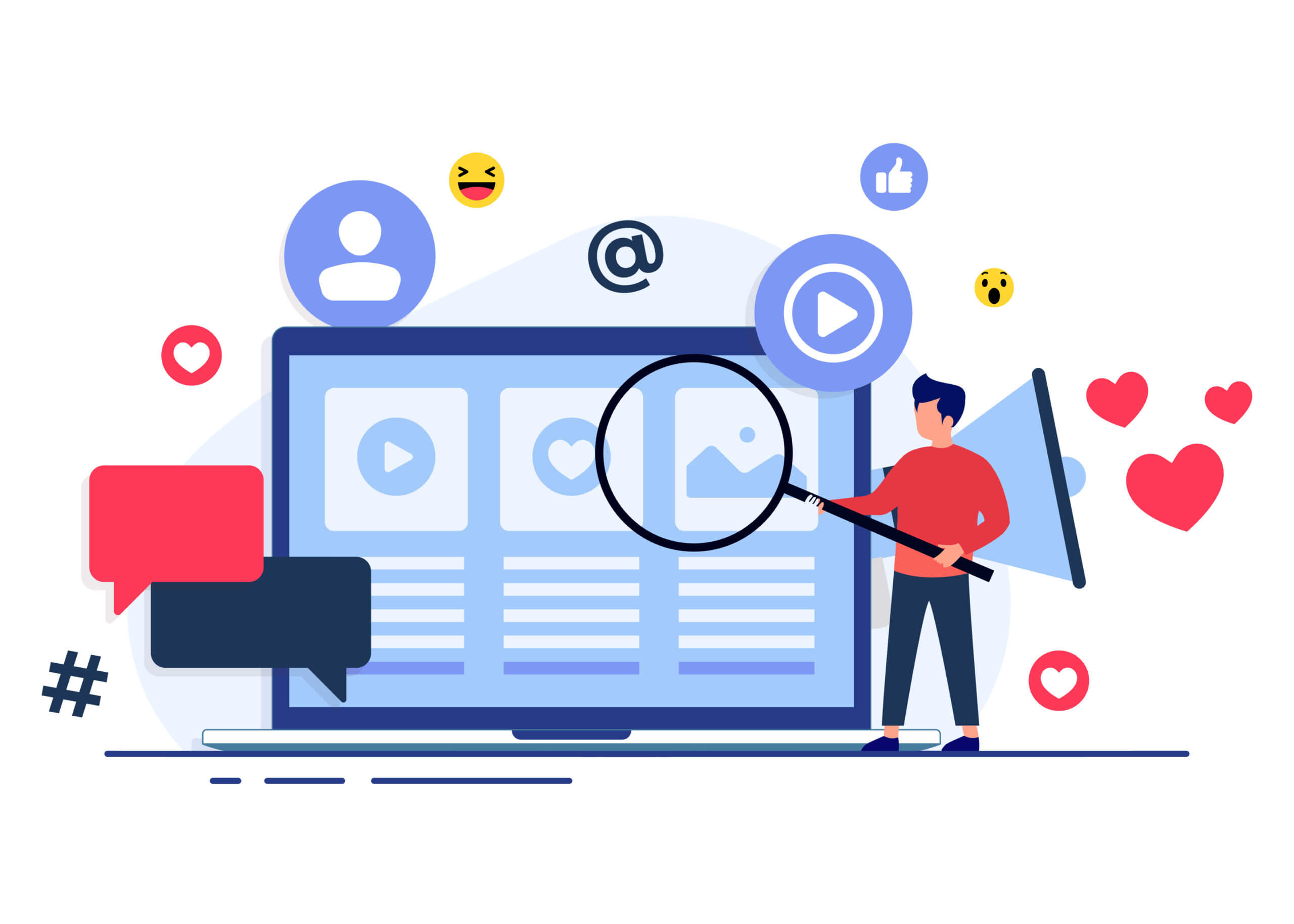 Person mit Lupe und Megafon vor Laptop, umgeben von Social-Media-Icons – Symbol für SEO und Content-Marketing.