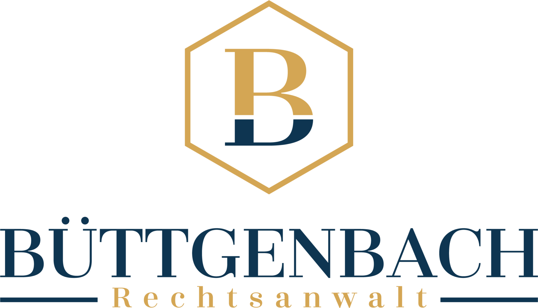 Goldenes Hexagon mit großem B, darunter blauer und goldener Text: RA Büttgenbach Rechtsanwalt. Professionelles Anwaltslogo.