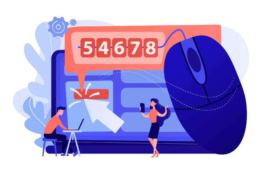 Riesige Computermaus und Laptop mit Zähler „54678“; Mann mit Laptop, Frau mit Telefon; Thema: SEO-Texte und Google-Fakten.