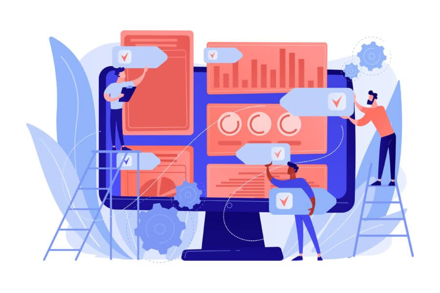 Drei Personen arbeiten zusammen, um Diagramme und Checklisten auf einem großen Computerbildschirm zu organisieren, was die Teamarbeit im digitalen Projektmanagement symbolisiert.
