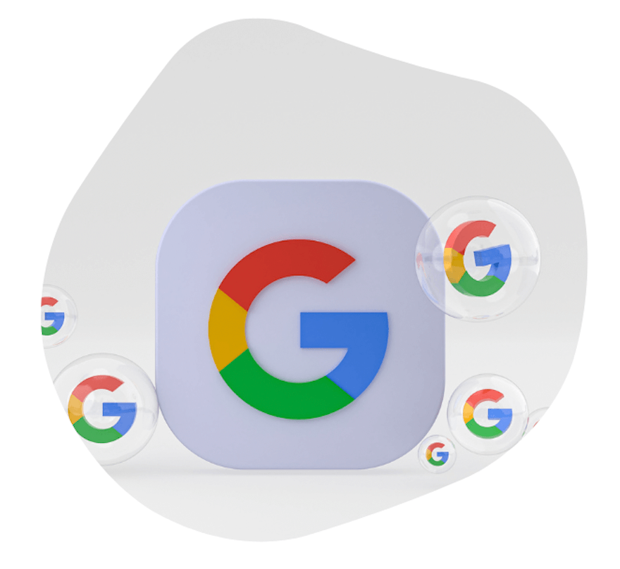 3D Google G-Logo in der Mitte, umgeben von kleineren transparenten Logos auf hellem, abstraktem Hintergrund.