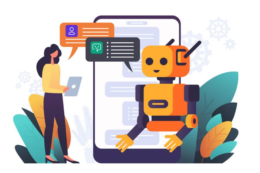 Frau mit Tablet steht neben großem Roboter; Sprechblasen und riesiges Smartphone lassen auf einen Chatbot oder eine digitale Konversation schließen.