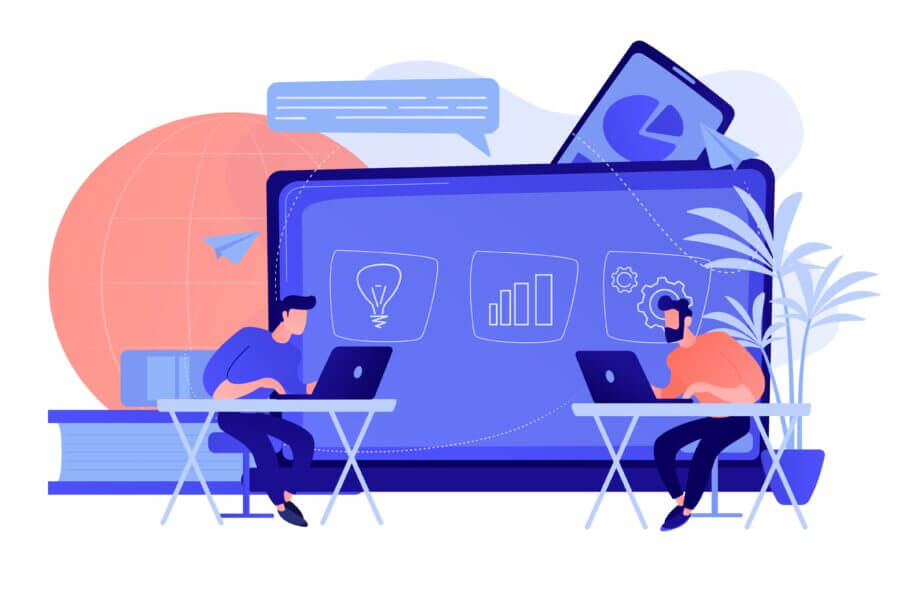 Zwei Personen an Schreibtischen mit Laptops, digitaler Bildschirm mit Diagrammen; Bücher, Globus und Pflanzen im Hintergrund – SEO-Arbeitsumgebung.