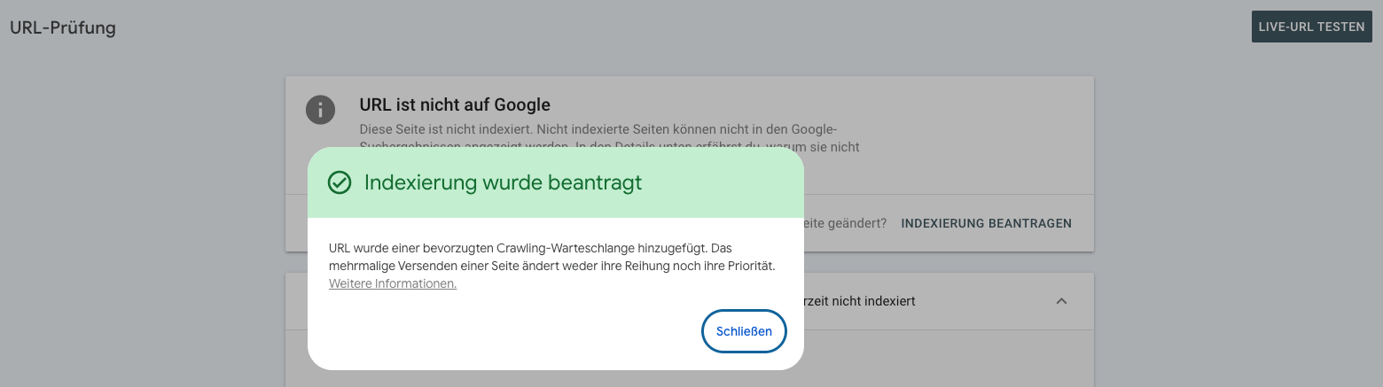 Deutsche Website-Benachrichtigung: „Indexierung wurde beantragt“ zur Bestätigung der angeforderten URL-Indexierung nach dem Verfassen von SEO-Texten; Google Search Console sichtbar.