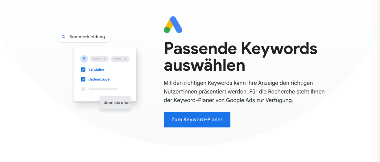 Google Ads Screenshot auf Deutsch mit Suchleiste, Keyword-Vorschlägen für Sommerkleidung und blauem "Zum Keyword-Planer"-Button.
