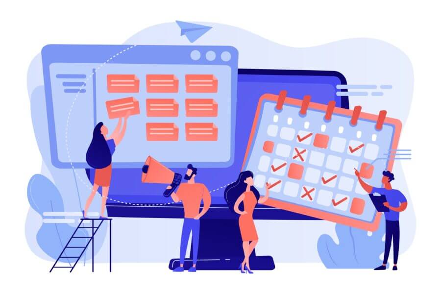 Menschen organisieren Aufgaben auf einem großen Bildschirm mit Haftnotizen und einem Kalender, was die Planung und Terminierung von Projekten symbolisiert.