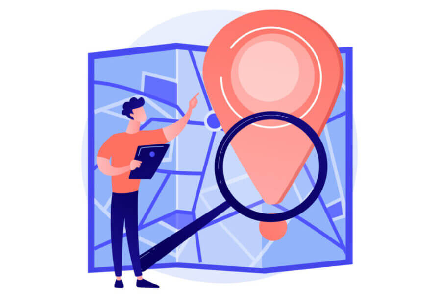 Person zeigt auf Karte mit Pin und Lupe auf Tablet – veranschaulicht Local SEO, Standortsuche und Navigation.