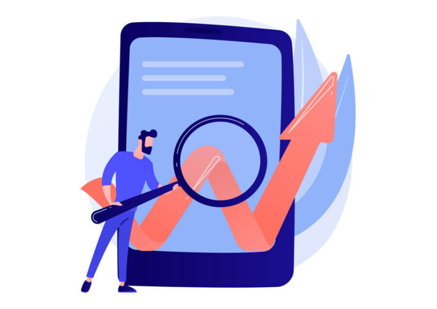 Person mit Lupe betrachtet steigenden Pfeil auf Smartphone – Symbol für Wachstum und Leistungsanalyse im Local SEO.