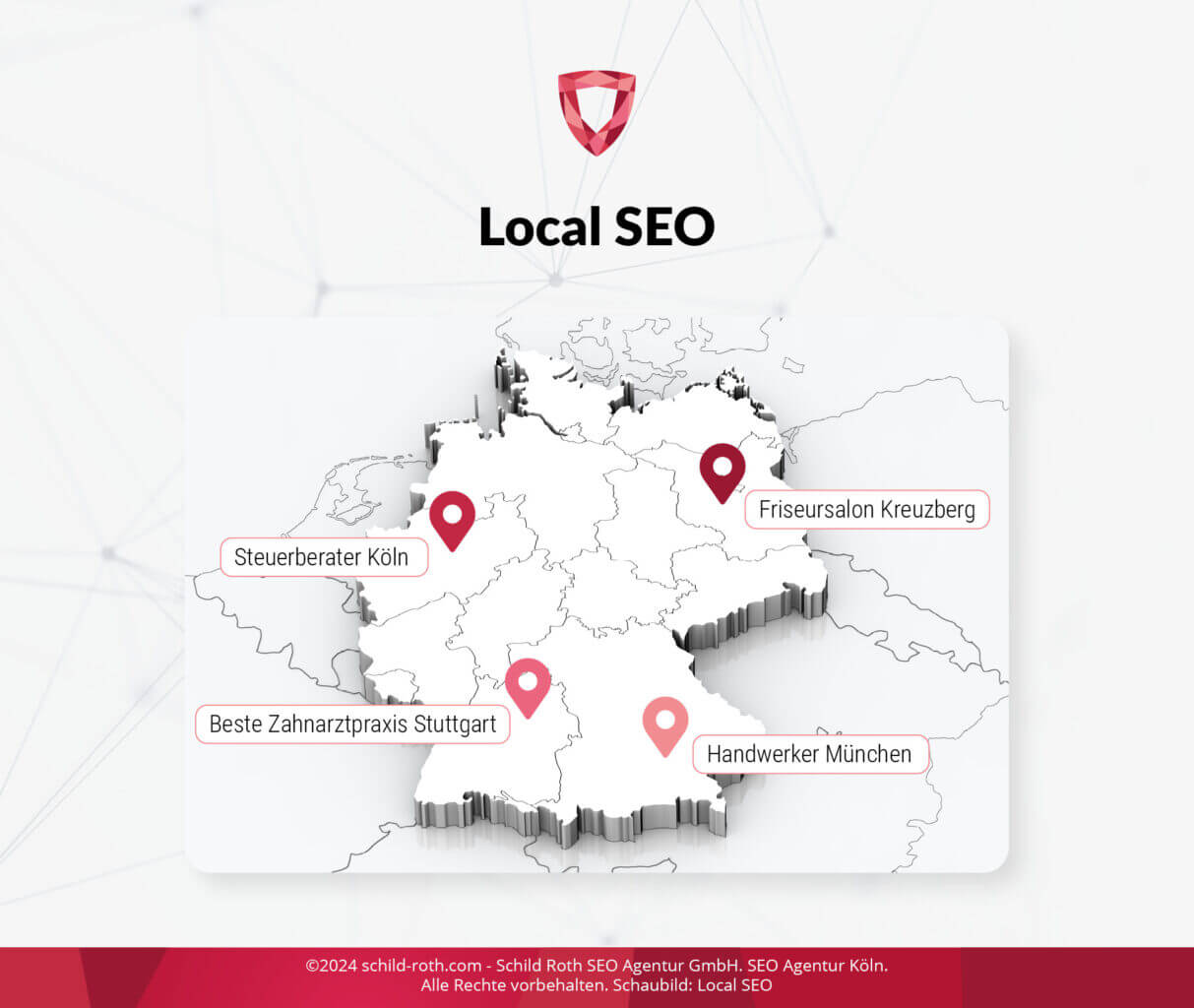 Deutschlandkarte mit Stecknadeln: Steuerberater Köln, Zahnarzt Stuttgart, Handwerker München, Friseur Kreuzberg. Titel: Lokale SEO-Tipps.