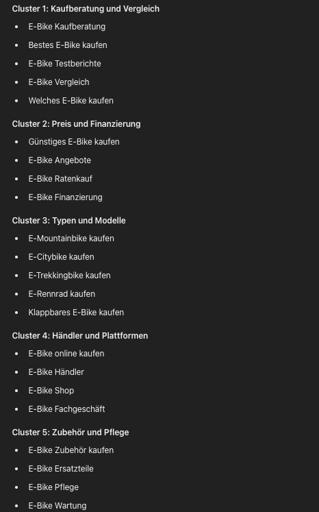 Screenshot mit schwarzem Hintergrund, fünf weiße Text-Cluster zu E-Bikes: Kaufberatung, Preis, Modelle, Händler, Zubehör und Wartung.