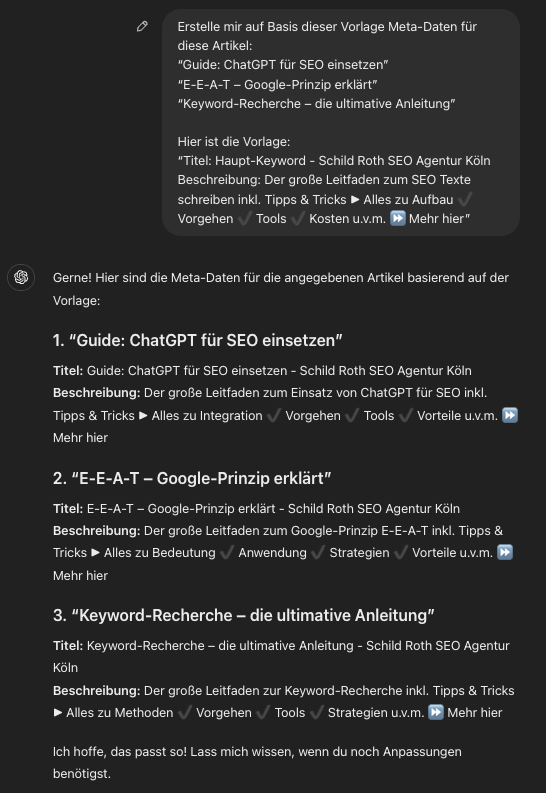Screenshot einer Chatoberfläche mit ChatGPT SEO, zeigt Titel und Beschreibungen von drei deutschen SEO-Artikeln.