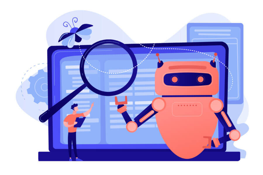 Roboter und Lupe vor Code auf Laptop, kleine Person zeigt, Schmetterling darüber – steht für Softwaretests und Fehlererkennung.