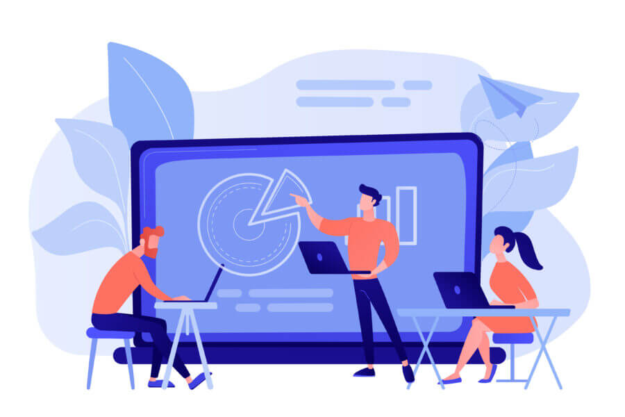 Drei Personen arbeiten in einem Büro zusammen, analysieren SEO-Diagramme auf einem großen Bildschirm und diskutieren Google SGE-Strategien.
