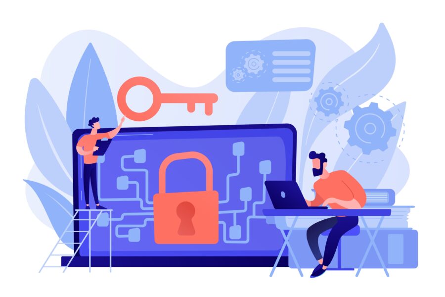Person am Laptop, andere mit großem Schlüssel vor Bildschirm mit Vorhängeschloss – symbolisiert Cybersecurity und ChatGPT-4o Unterstützung.