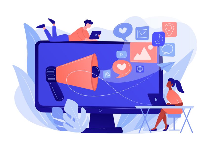 Computerbildschirm mit Megafon, zwei Personen mit Laptops, Social Media Icons – Symbol für modernes SEO-Texten mit ChatGPT.