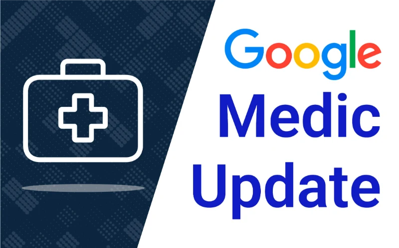 Weißes Symbol für ein Erste-Hilfe-Set neben dem Text „Google Medic Update“, das die SEO für Ärzte auf dunklem Hintergrund hervorhebt.
